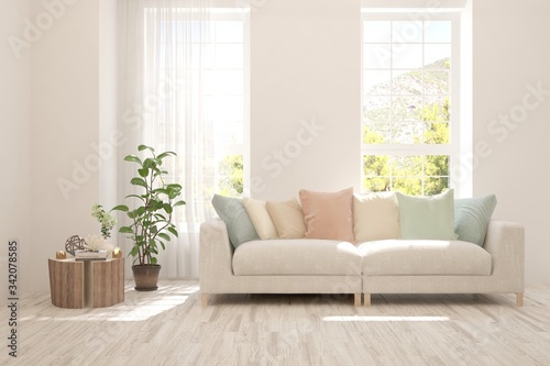 White living room with sofa. Scandinavian interior design. 3D illustration