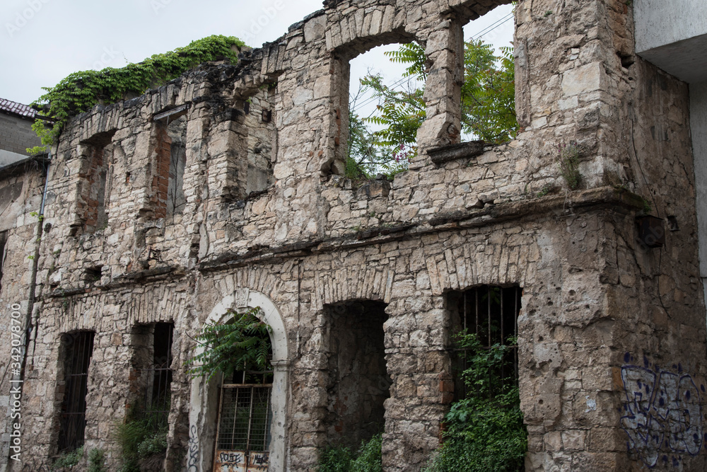 Half-ruined stone facade on which vegetation grows, in Mostar, Bosnia-Herzegovina, Europe