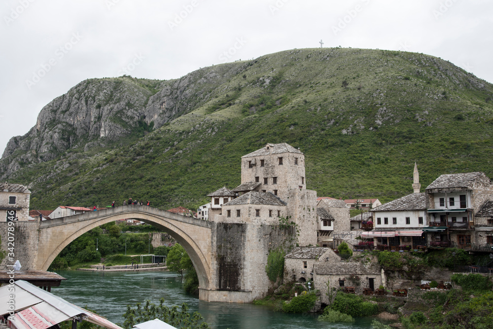 Old Mostar bridge over the Neretva river in Bosnia, Europe