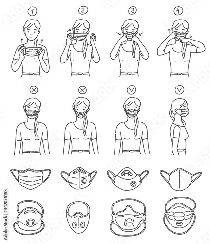 Set of line icons with medicine protective masks vector illustration isolated.