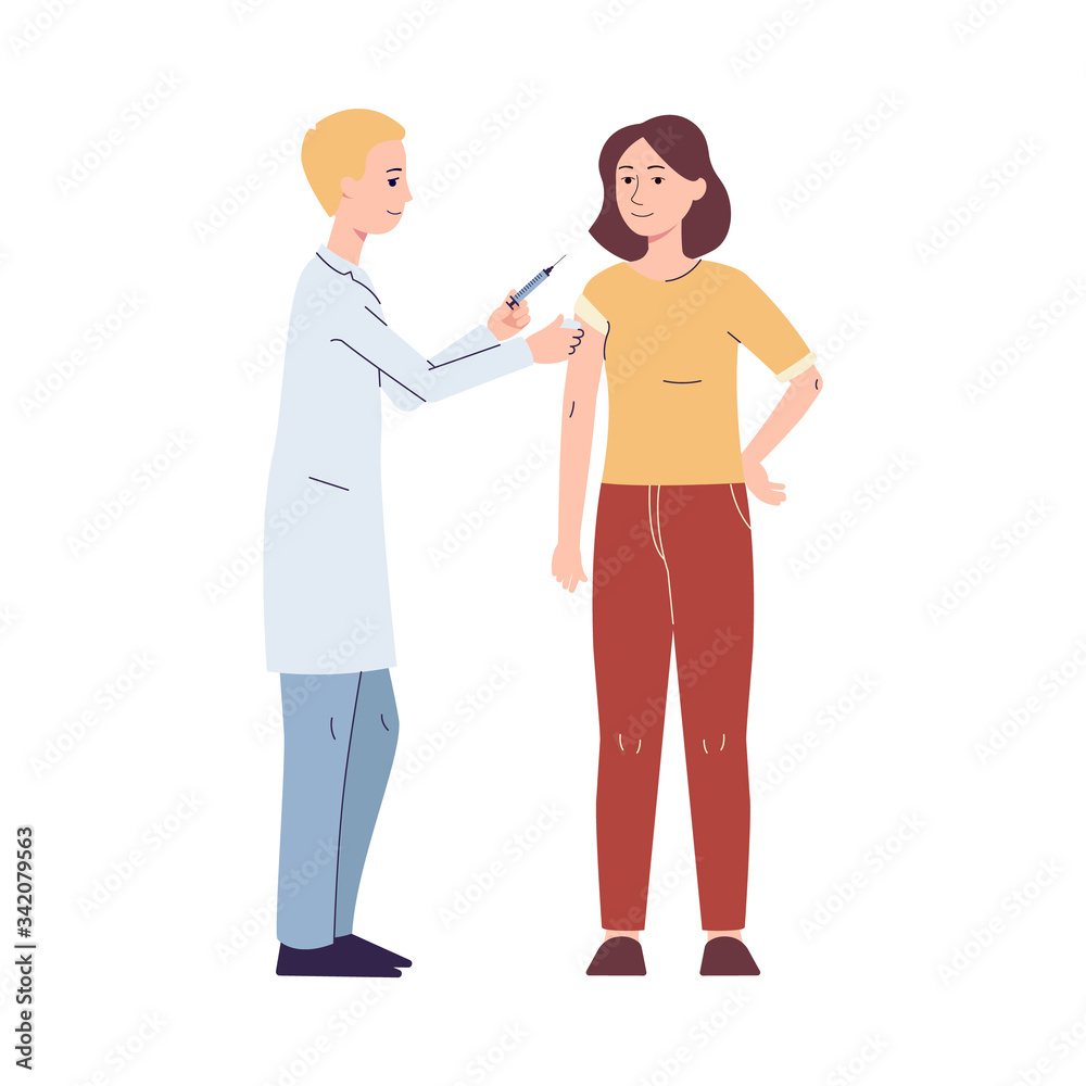 Doctor giving vaccine to patient - man doing medicine vaccination to woman
