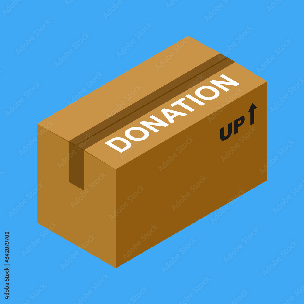 Isometric cardboard donation box vector illustration isolated on blue