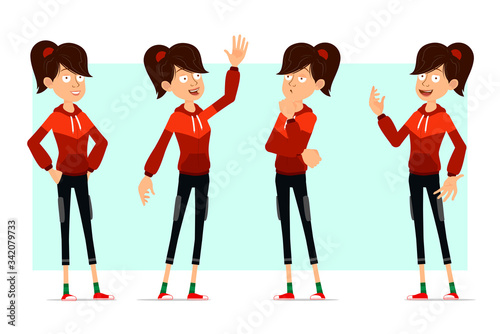 Cartoon flat funny cute sport girl character in red hoodie. Ready for animations. Fitness girl standing, thinking and saying Hello. Isolated on white background. Big vector icon set.