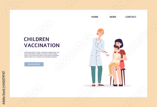 Children vaccination banner template, doctor giving vaccine to boy