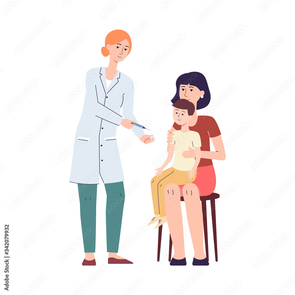 Cartoon boy getting vaccine injection from female doctor Cartoon boy getting vaccine injection from female doctor