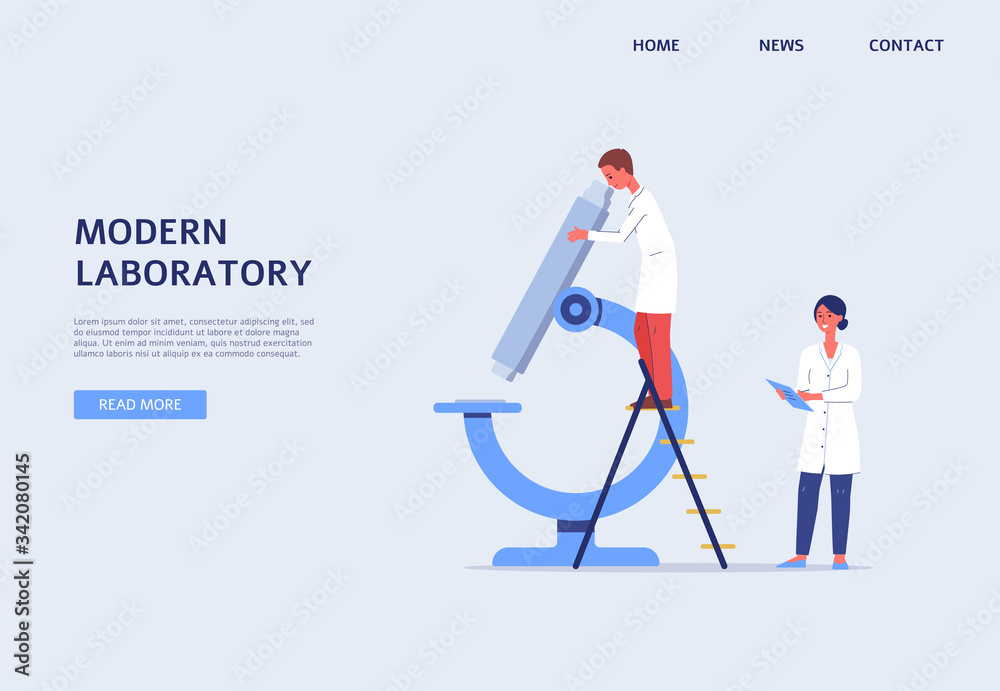 Modern laboratory website banner with people and miscroscope