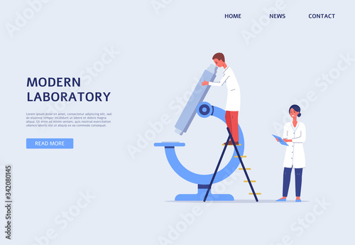 Modern laboratory website banner with people and miscroscope