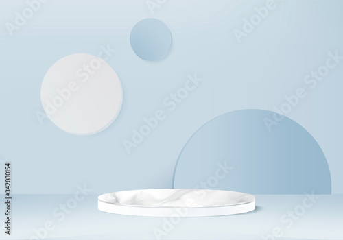 blue pastel product Podium on background. Abstract minimal geometry concept. Studio stand platform theme. Exhibition and business marketing presentation stage. 3D illustration rendering graphic design