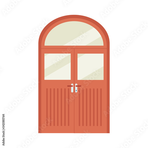 Red wooden double front door with round top and arched transom