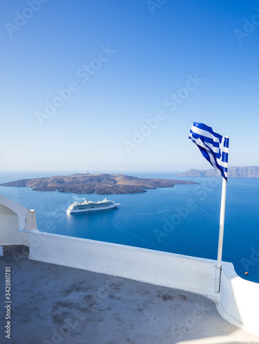  Caldera and ship in Fira, Santorini, Cyclades, Greece