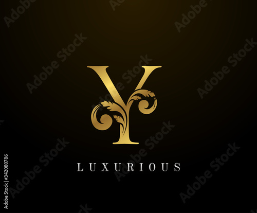 Gold Elegant letter Y Logo. Graceful style. Calligraphic beautiful logo. Vintage drawn emblem for book design, brand name, business card, Restaurant, Boutique, Hotel. Vector illustration 