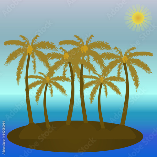 Vector illustration of palm trees on the island and blue sea