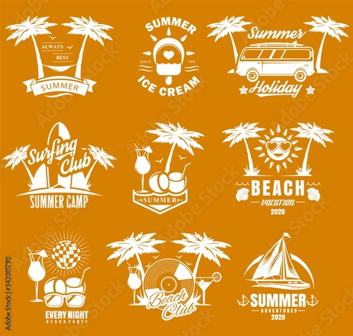Summer time vintage logo set, vector illustration