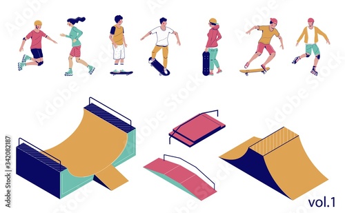 Skate park set, vector flat isometric illustration