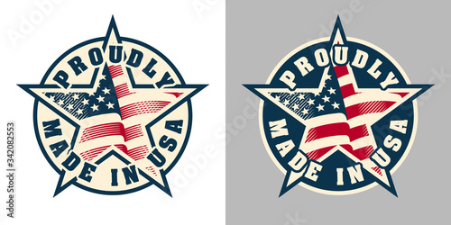 Proudly Made in USA (United States of America) - composition with American flag for badge, label, pin, etc. Variants for light and dark backgrounds.