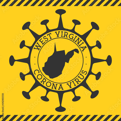 Coronavirus in West Virginia sign. Round badge with shape of virus and West Virginia map. Yellow US state epidemic lockdown stamp. Vector illustration.