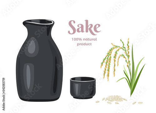 Sake in ceramic black bottle and cup, ear of rice and grains isolated on  white background. Vector illustration of japanese rice wine in cartoon flat style. photo