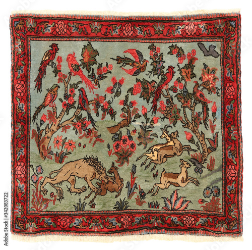 Old and modern Persian Colourful Arabesque and handmade carpet, rug gelim, and Gabbeh with the pattern.