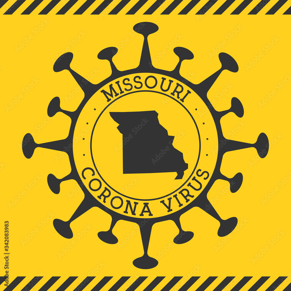 Corona virus in Missouri sign. Round badge with shape of virus and Missouri map. Yellow us state epidemy lock down stamp. Vector illustration.