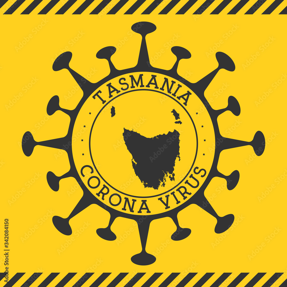 Corona virus in Tasmania sign. Round badge with shape of virus and Tasmania map. Yellow island epidemy lock down stamp. Vector illustration.