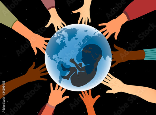 Hands holding the globe. Caring, environment. Support, restoration of the nature of the Earth. Revival.