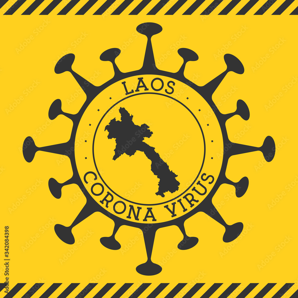 Corona virus in Laos sign. Round badge with shape of virus and Laos map. Yellow country epidemy lock down stamp. Vector illustration.