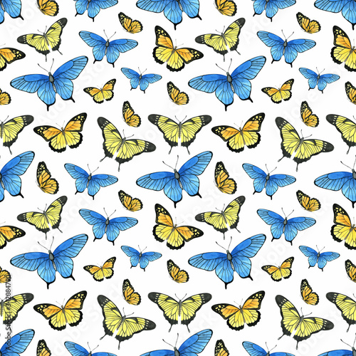 Watercolor seamless pattern with hand painted watercolor butterflies  in bright colors. Romantic floral background perfect for wedding invitation  paper or scrap booking. 