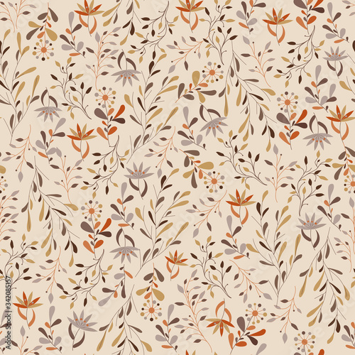 Seamless textile patten from small flowers on a beige background. Endless traditional texture for home textiles, tablecloths and bedding.