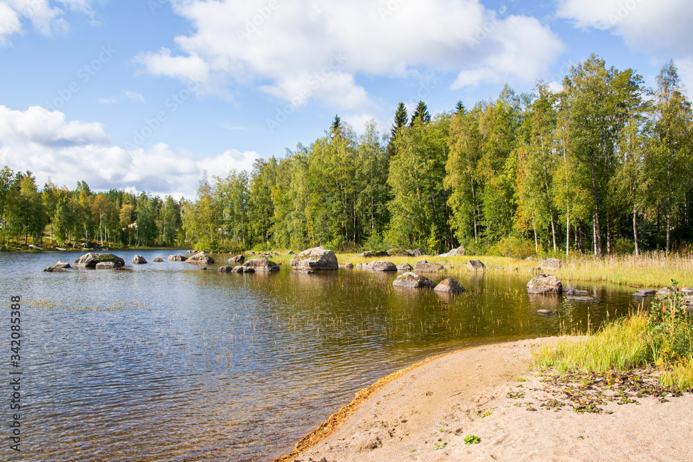 View of the shore and The Lake Karinki in autumn, Ruokolahti, Finland