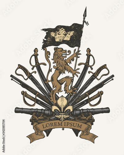 Vector heraldic Coat of arms in vintage style with lion, flag, crown, sabers, swords, cannons, fleur de lis and ribbon. A medieval heraldry, royal emblem, sign, symbol. Old hand-drawn illustration