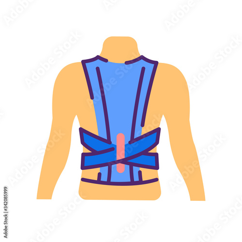 Orthopedic corset flat color icon. Posture corrector. Kyphosis, lordosis, scoliosis treatment. Sign for web page, mobile app, button, logo. Vector isolated button photo
