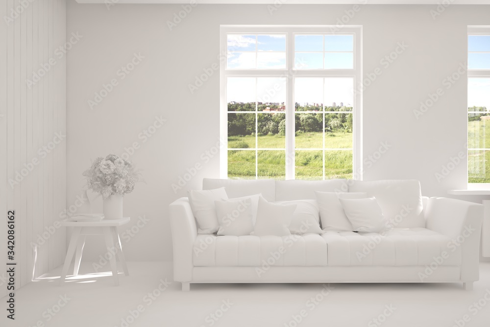 White living room with sofa and summer landscape in window. Scandinavian interior design. 3D illustration White living room with sofa and summer landscape in window. Scandinavian interior design. 3D illustration