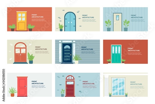 Front door architecture styles banner template set with colorful doors