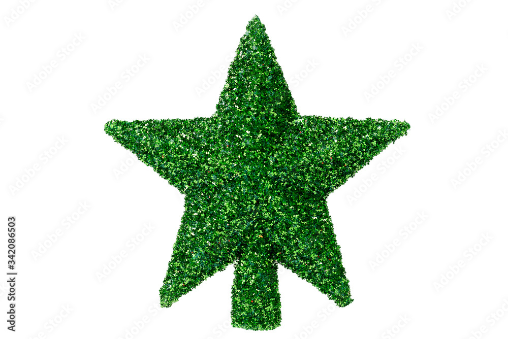 Adorno de navidad, estrella para el arbol de navidad de color verde con detalles plateados, sobre fondo blanco. Adorno de navidad, estrella para el arbol de navidad de color verde con detalles plateados, sobre fondo blanco.