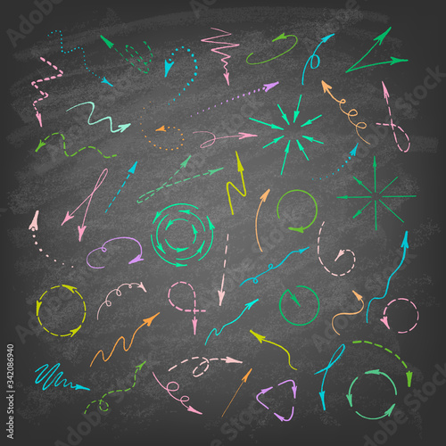 Vector illustration of hand drawn doodle arrows. Set of icons on the chalkboard background.