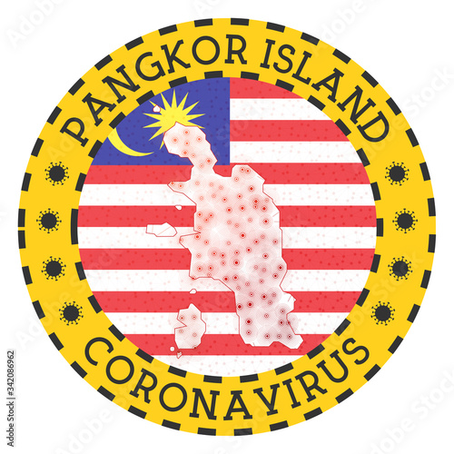 Coronavirus in Pangkor Island sign. Round badge with shape of Pangkor Island. Yellow island lockdown emblem with title and virus signs. Vector illustration.