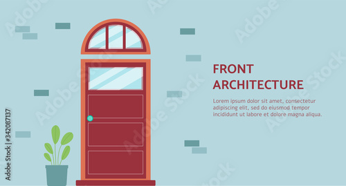 Front architecture banner template with red panel door on blue brick wall