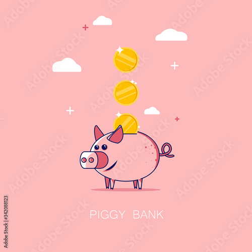 Flat illustration of piggy bank. The coins go into the safe. Cute pink pig. Concept of saving money. Illustration for web, banners, posters. Vector