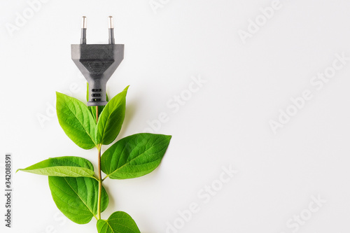 Renewable energy, sustainability, ecology concept. Power plug with green leaves over white background. photo