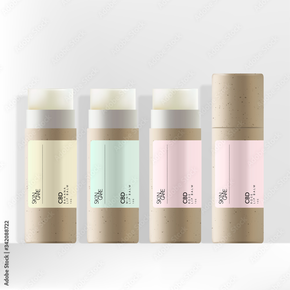 Vector Recycled Kraft Paper CBD Lip Balm Packaging with Minimal Pastel Label Design Vector Recycled Kraft Paper CBD Lip Balm Packaging with Minimal Pastel Label Design