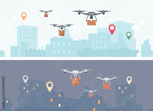 Delivery drone banner set - futuristic drones flying over day and night city