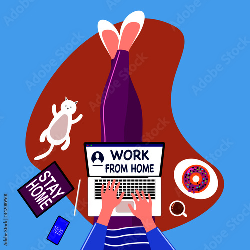 Working remotely concept. Self isolation concept. Young woman working from home during Covid-19. All stay at home. Self-isolate from a pandemic. Remote work from home during Quarantine. 