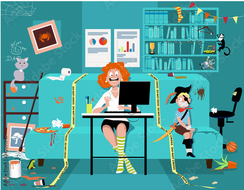 Woman attending a work video conference in a messy room with a kid tied up on a couch, yellow tape sets work place boundaries, EPS 8 vector illustration