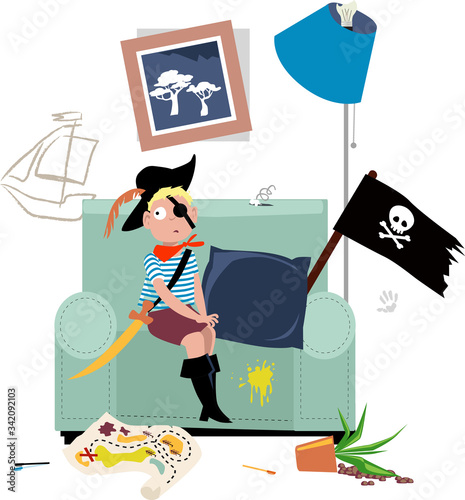 Little boy in a pirate costume sitting on a chair, grounded, messed up dirty room around him, EPS 8 vector illustration