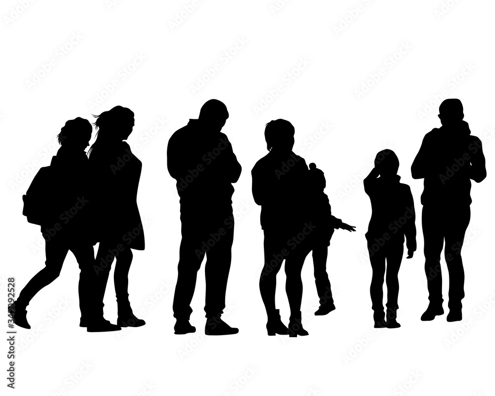 Families with little child walking on street. Isolated silhouettes of people on white background