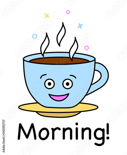Tea or coffee cup steaming in the morning. Doodle drawing of a cartoon character
