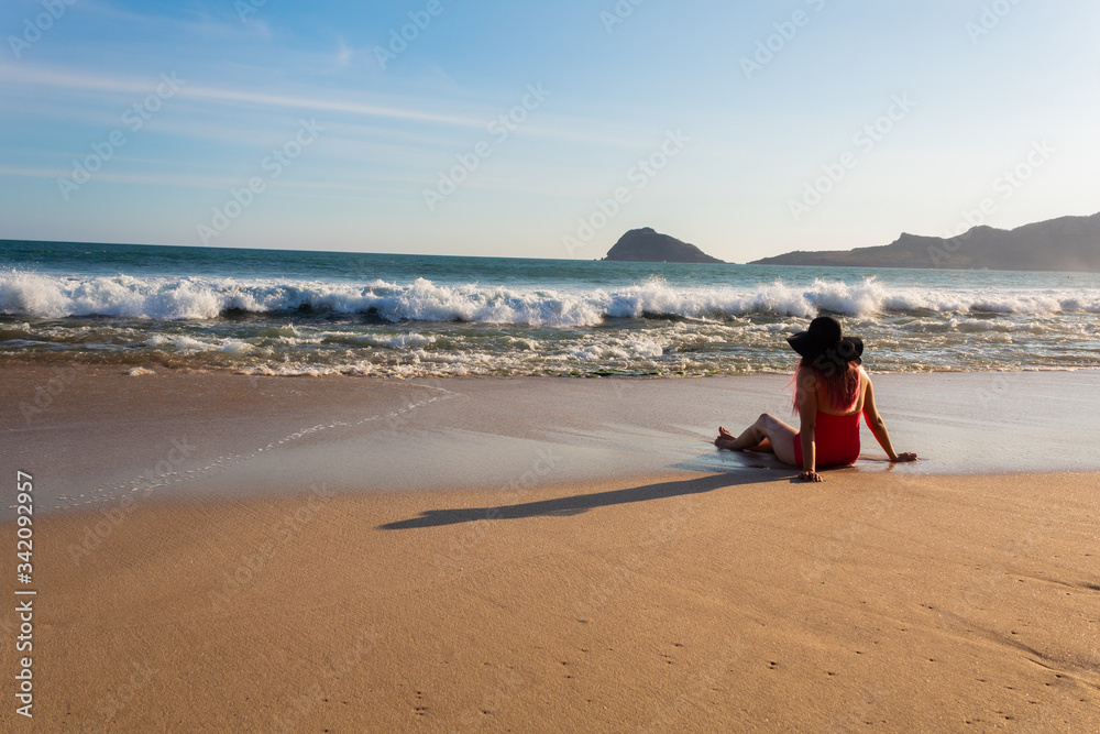 Young Hispanic woman with red hair posing on the beach shore in a red bikini and black hat during sunset
Young Hispanic woman with red hair posing on the beach shore in a red bikini and black hat during sunset