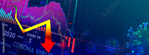Graphs of stock market crash caused by the Corona virus. Covid-19 impact to global economy crisis 2020, sinks the global stock exchanges.