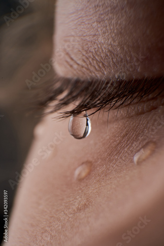 Close up image of human eye with tear drops