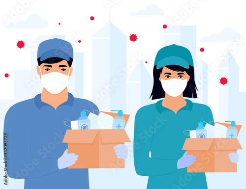 COVID-19. Humanitarian aid. Supply of medical protective masks and disinfectants. Coronavirus epidemic. Delivery girl and man delivering parcel